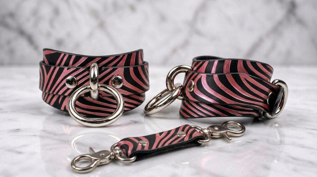 Leather BDSM Cuffs, Abstract Wave Leather Wrist Restraints Studio