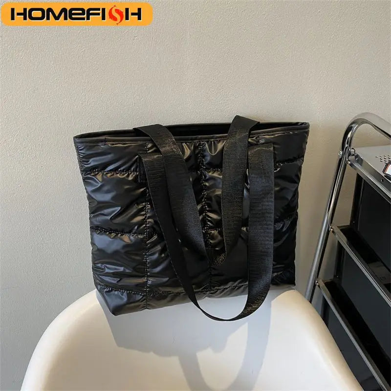 HOMEFISH Solid Color Cotton Padded Shopping Bag, Rhombus Quilted Portable Tote Handbag, Large Capacity Ladies Daily Bag