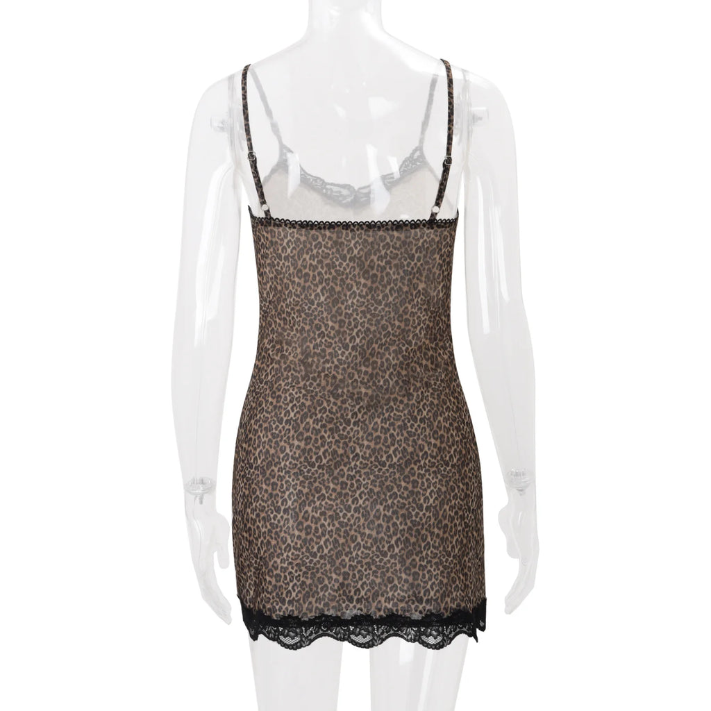 Lace Trim Leopard Nightdress V Neck Sling Backless Split Slip Sleep Dress Women's Sleepwear Dresses