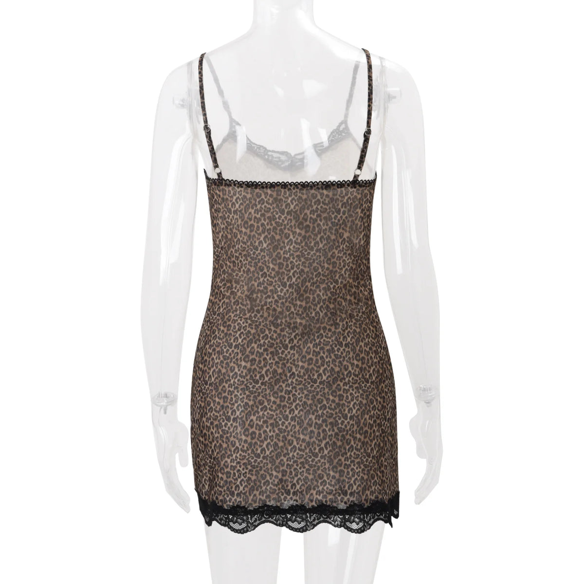 Lace Trim Leopard Nightdress V Neck Sling Backless Split Slip Sleep Dress Women's Sleepwear Dresses