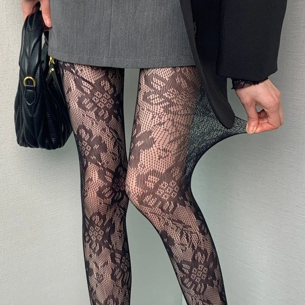 Gothic Thin Floral Lace Tights Breathable High Elastic Hollow Out Pantyhose Sexy Hipster Leggings Women
