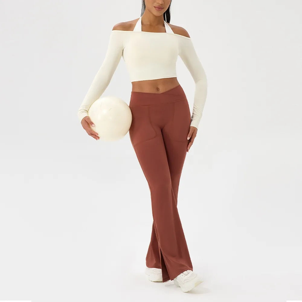 Women Sexy Off Shoulder Yoga Top Long Sleeve Gym Running Top Solid Quick-Dry Sport Workout Shirt