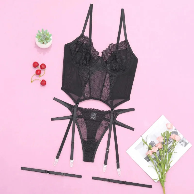 Sexy Lingerie Set Women Mesh Lace See Through Body Shaping Delicate Intimate Sexy Uniform Thong Erotic Hot Underwear Set 2026