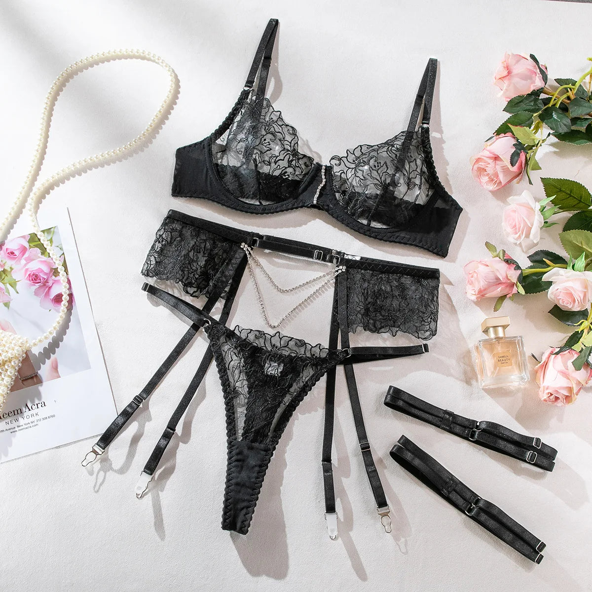 Lace Sexy Lingerie Transparent Rhinestone Lace Erotic Underwear Sexy Bra Set and Garter Lingerie Sexy Hot Erotic Sleepwear