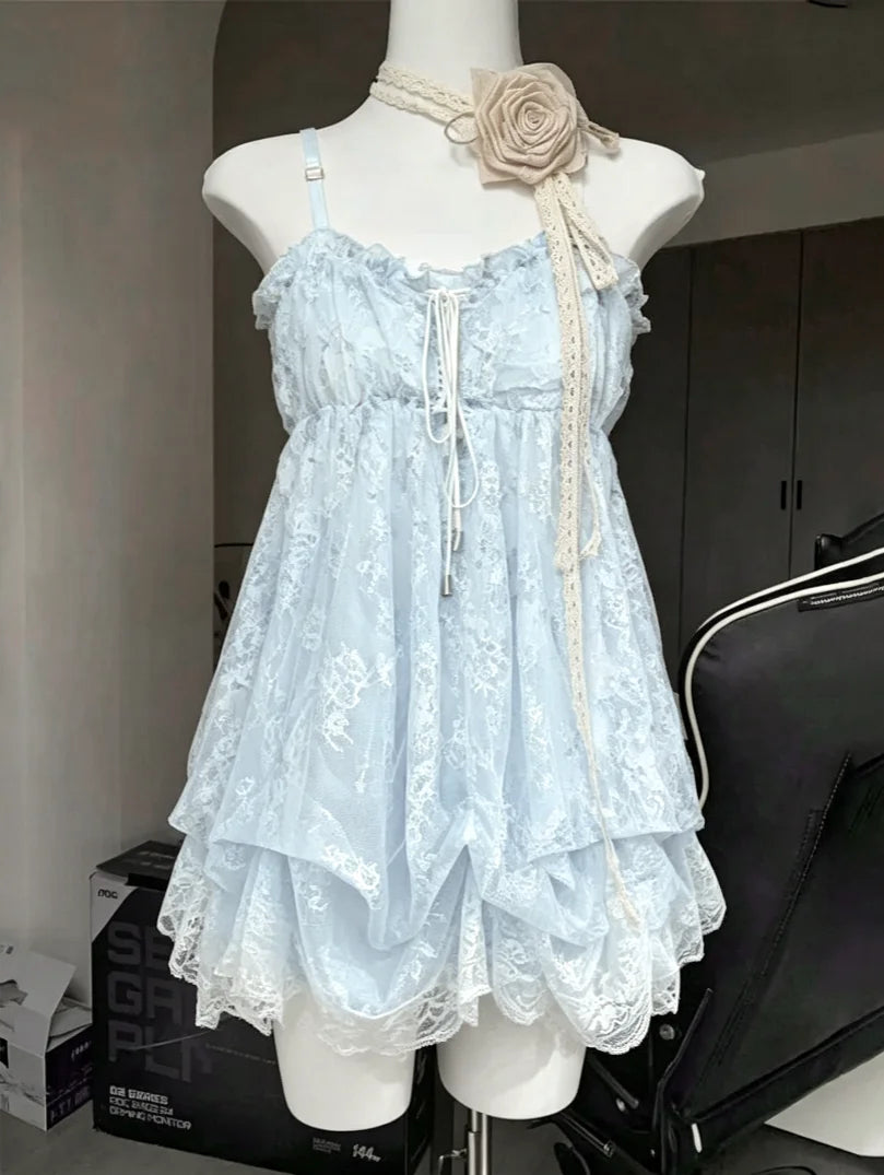 2026 Woman Japanese Sweet Lace Flower Y2k Aesthetic Bandage Grunge Dresses Harajuku Sleeveless Patchwork Vintage Dress Chic