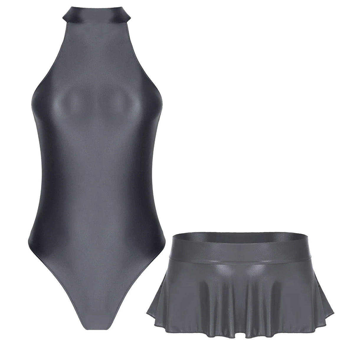 Women Glossy Outfits Swimwear Sleeveless Back Zipper Bodysuit Leotard with Elastic SkirtS for Club Dance Raves Party Nightwear