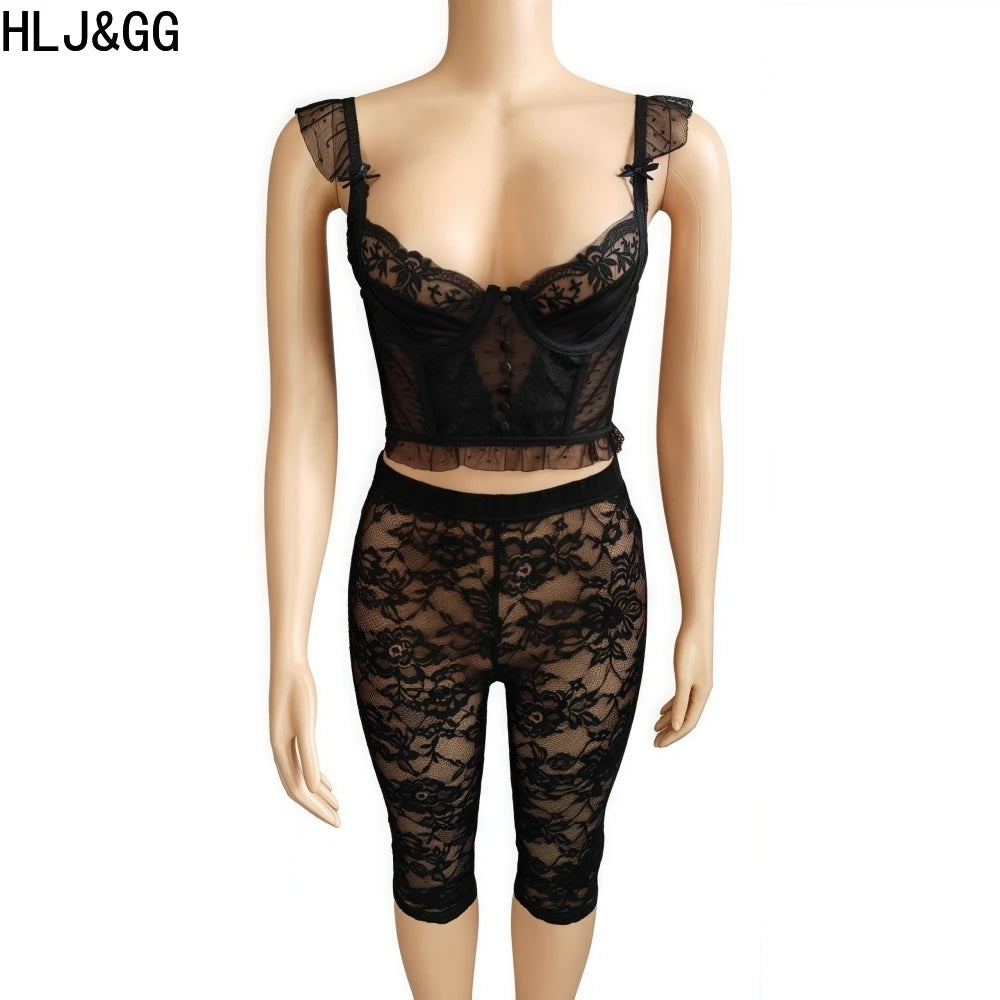 HLJ&GG Sexy Lace See Through 2 Pieces Set for Woman Spaghetti Strap Crop Top + Leggings Pants Suit Female Y2k Streetwear New