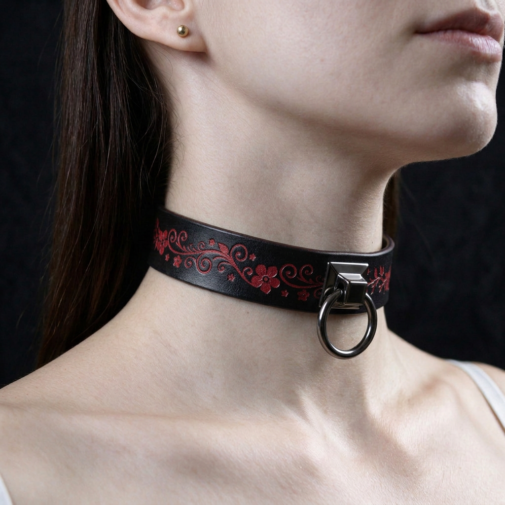 Floral Leather Choker | BDSM Day Collar, Submissive Collar Floral