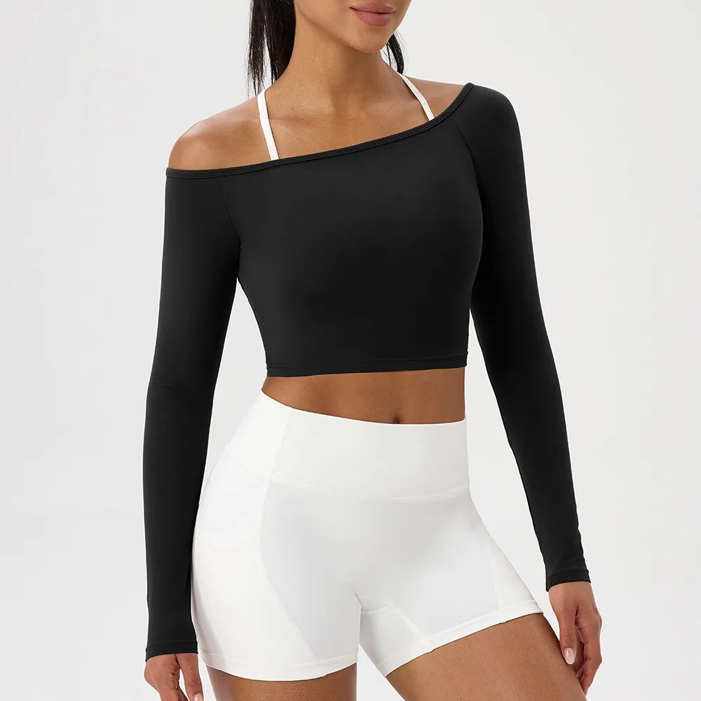 Women Sexy Off Shoulder Yoga Top Long Sleeve Gym Running Top Solid Quick-Dry Sport Workout Shirt