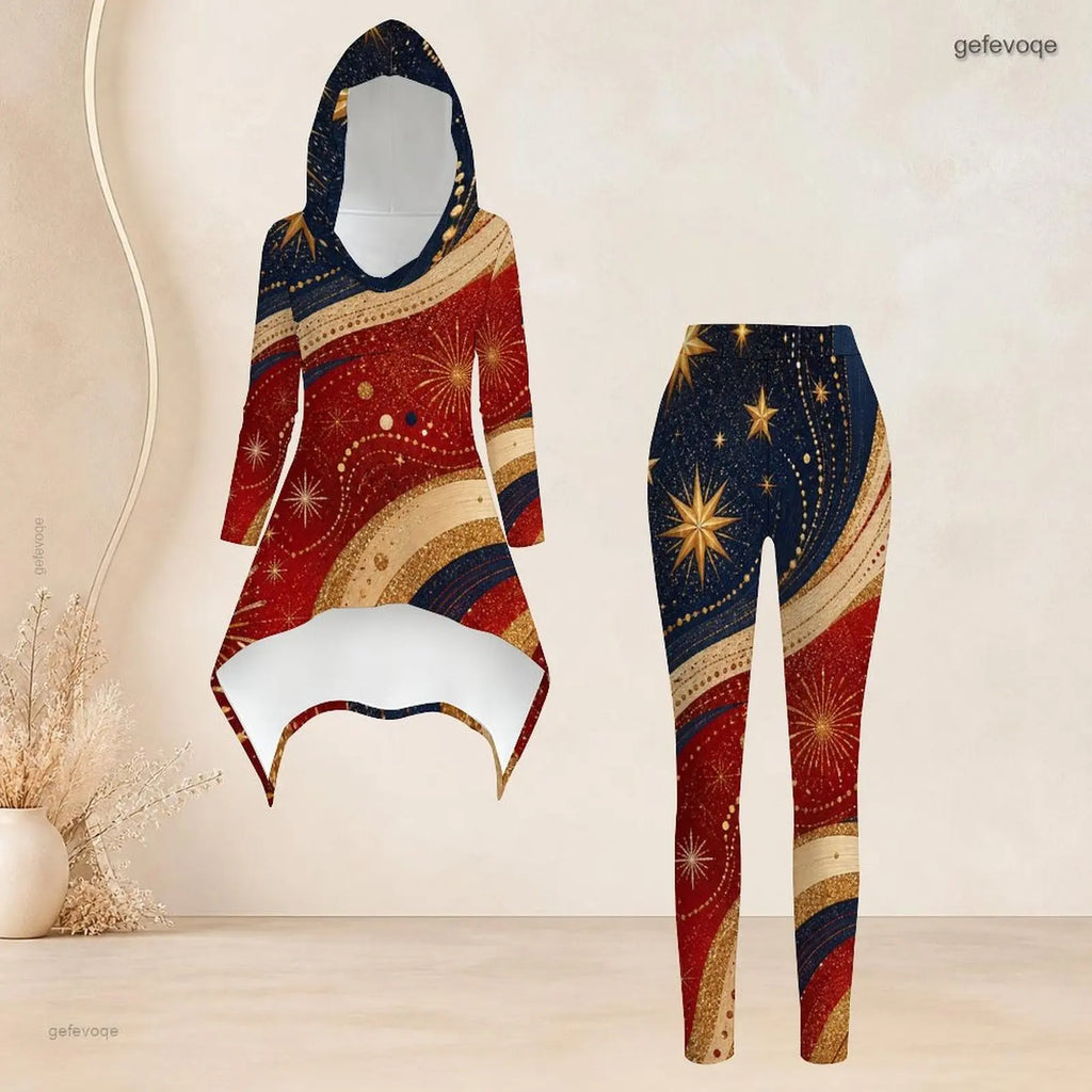 Fashion Women Casual 2 Piece Set Hooded Long Sleeve Hi Lo Asymmetrical Tunic Top Matching High Waist Slim Leggings T Daily Suit