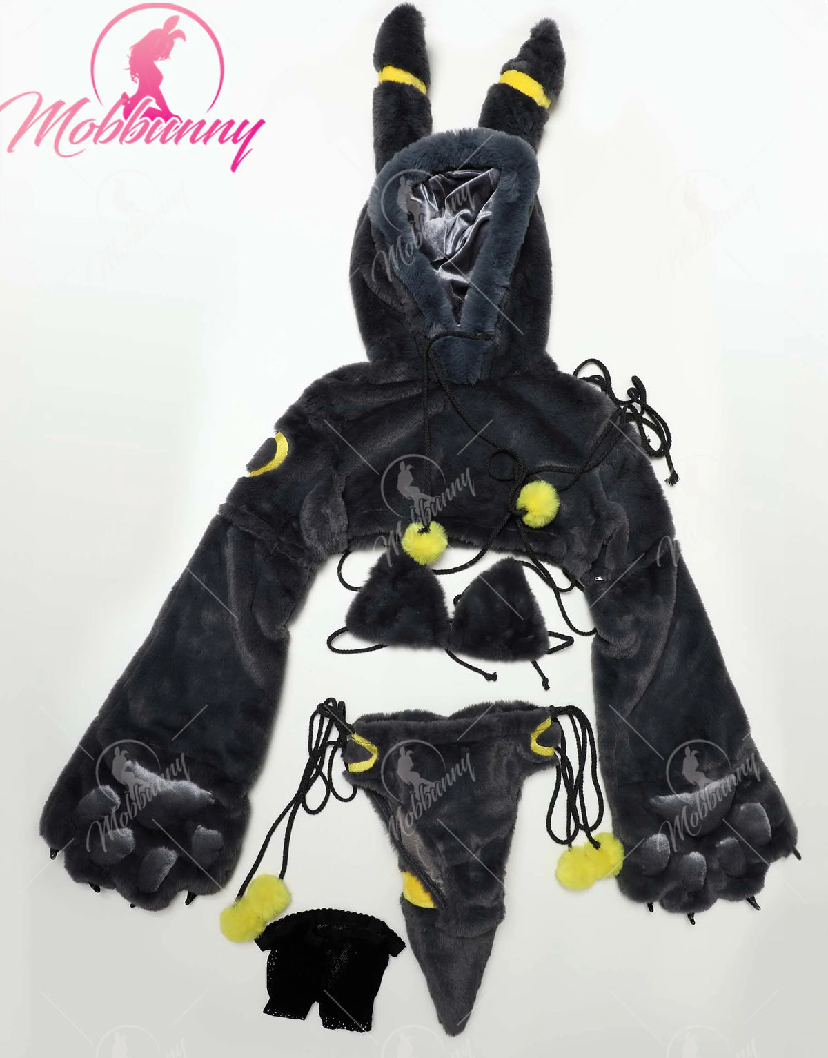 Mobbunny PM Derivative Furry Paw Women's Sexy Lingerie Kawaii Plush Homewear Paw Gloves Hoodie Top and Bra Panty with Stockings