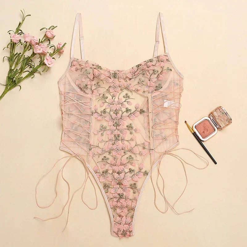 Women Sexy Lingerie Bodysuit Floral Printed Embroidery Transparent Bodycon Romper Lace Up Bandage Sleeveless Erotic Underwear
