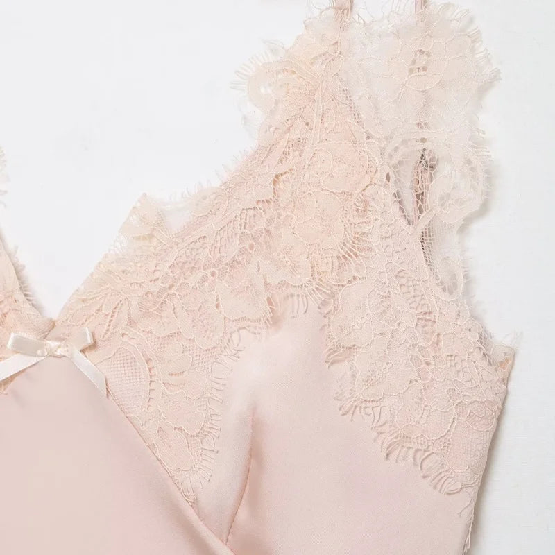 Pink Lace Nightgown Silky Satin V-neck Home Dress Gentle Sexy Women's Sleepwear Dress Comfortable Lightweight Summer Dress