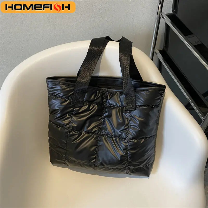 HOMEFISH Solid Color Cotton Padded Shopping Bag, Rhombus Quilted Portable Tote Handbag, Large Capacity Ladies Daily Bag