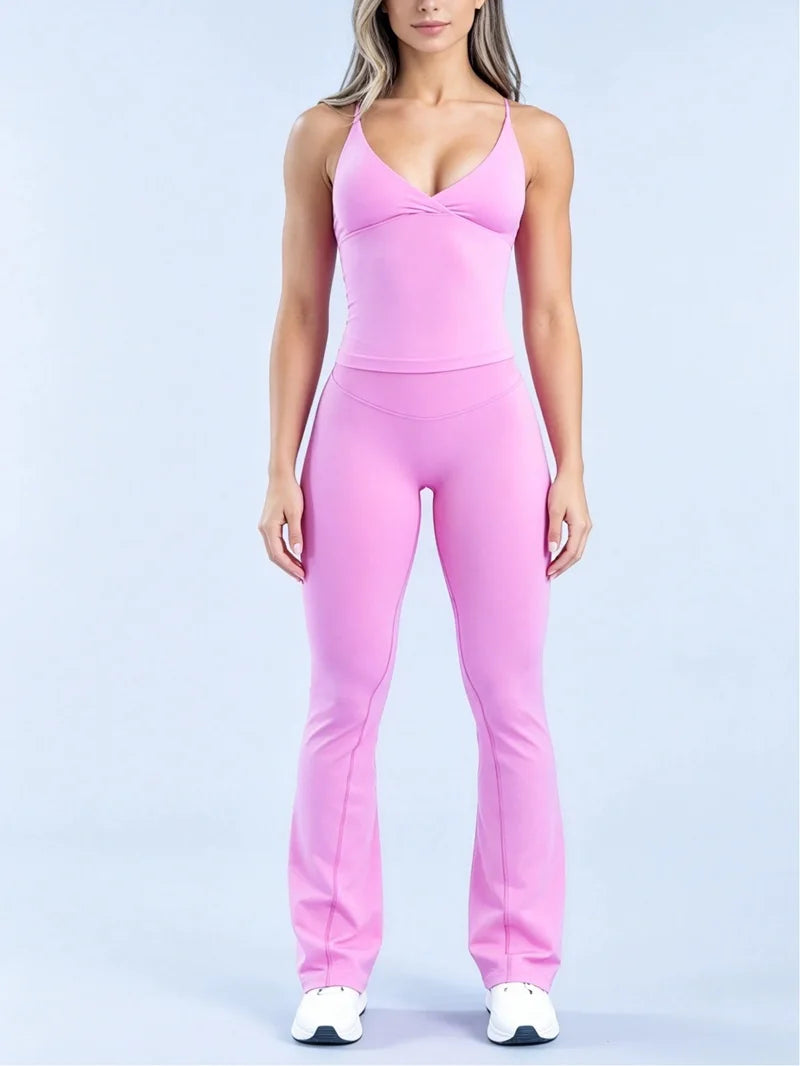 HISTELLO 2Pcs Vision Flares Leggings Set Women Sexy Workout Top Seamles Flare Pants Gym Fitness Activewear Backless Yoga Outfit