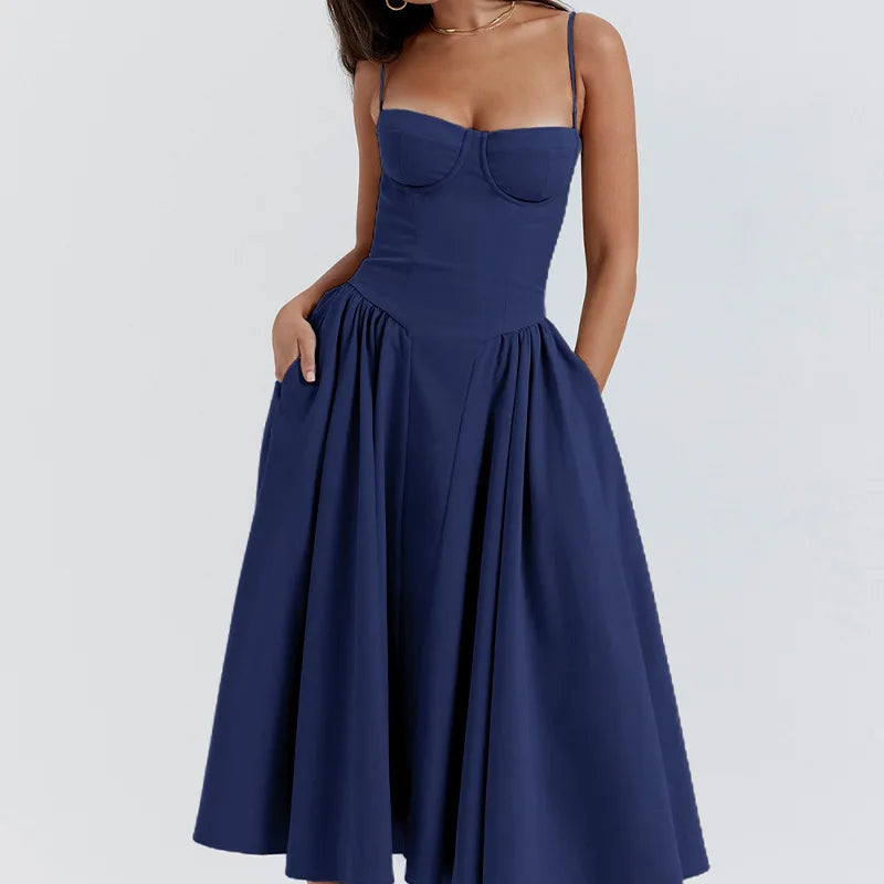 Summer Women Elegant Sleeveless Backless Pleated Dresses Lady Sexy Solid Sling Midi Dress 2024 Female Party Evening A-line Robes