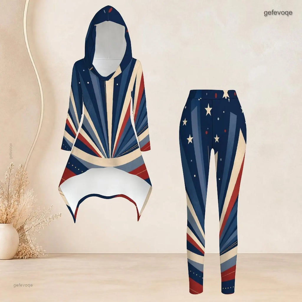 Fashion Women Casual 2 Piece Set Hooded Long Sleeve Hi Lo Asymmetrical Tunic Top Matching High Waist Slim Leggings T Daily Suit