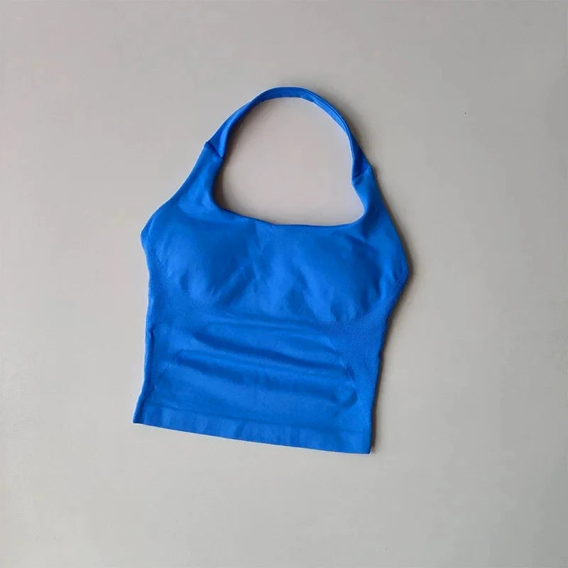 Seamless Halter Neck Yoga Tank Tops for Women Built-in Bra Padded Gym Top Sleeveless Shirt Fitted Backless Workout Clothes