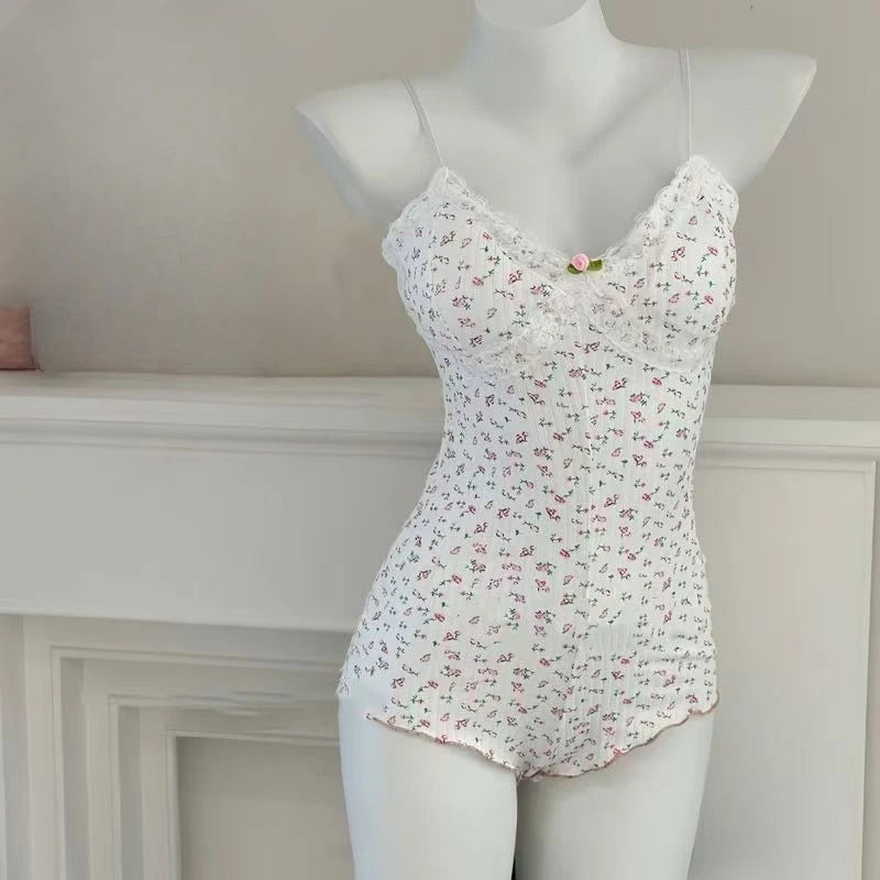 Women's Sweet Pink Floral Print Lace Trim Bodysuit Spaghetti Straps Ruffle Hem Cute Kawaii Lingerie Sleepwear One Piece Outfit