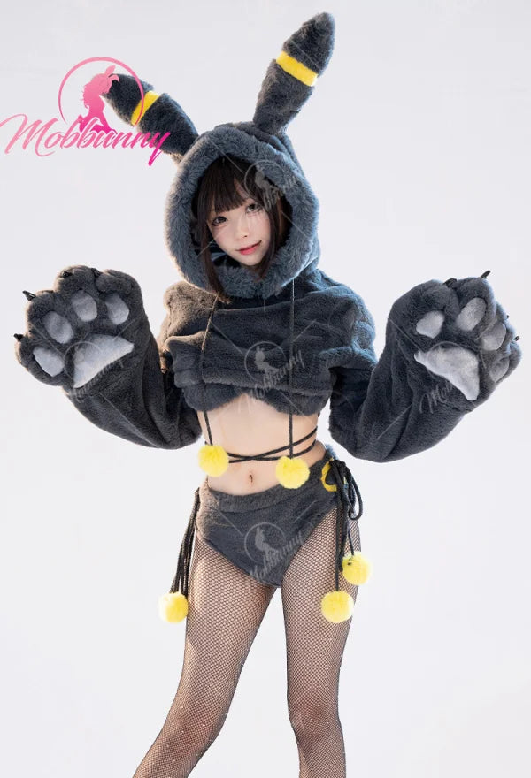 Mobbunny PM Derivative Furry Paw Women's Sexy Lingerie Kawaii Plush Homewear Paw Gloves Hoodie Top and Bra Panty with Stockings