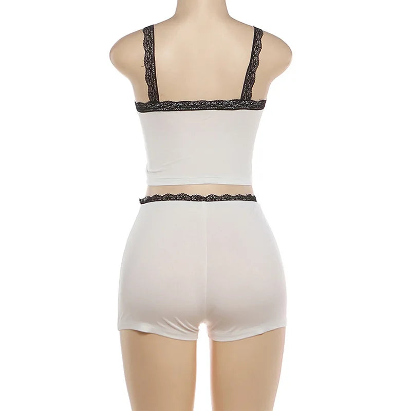 Stylish Lady Sexy Lace Trim Cami Top and Biker Shorts Set Loungewear Pajama Set 2026 Summer Women 2 Piece Sleepwear Homewear