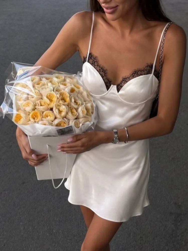 Eyelash Lace Satin Spaghetti Strap Dress V-Neck Underwire Push-Up Thin Strap A-Line Mini Dress 2026 Sleepwear Date Sexy Outfit
