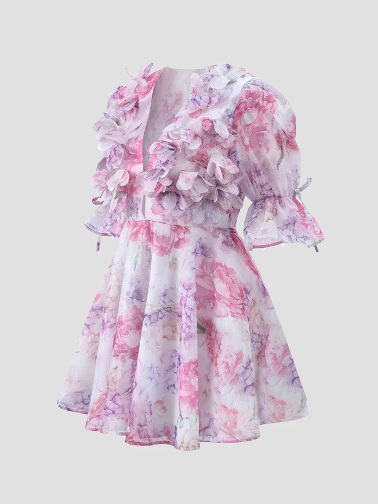 Chic Floral Printed Mini Dress Backless Sleeveless Hem Stacking Dresses Sweet A Line Vestidos 2025 New Lady Party Club Clothing