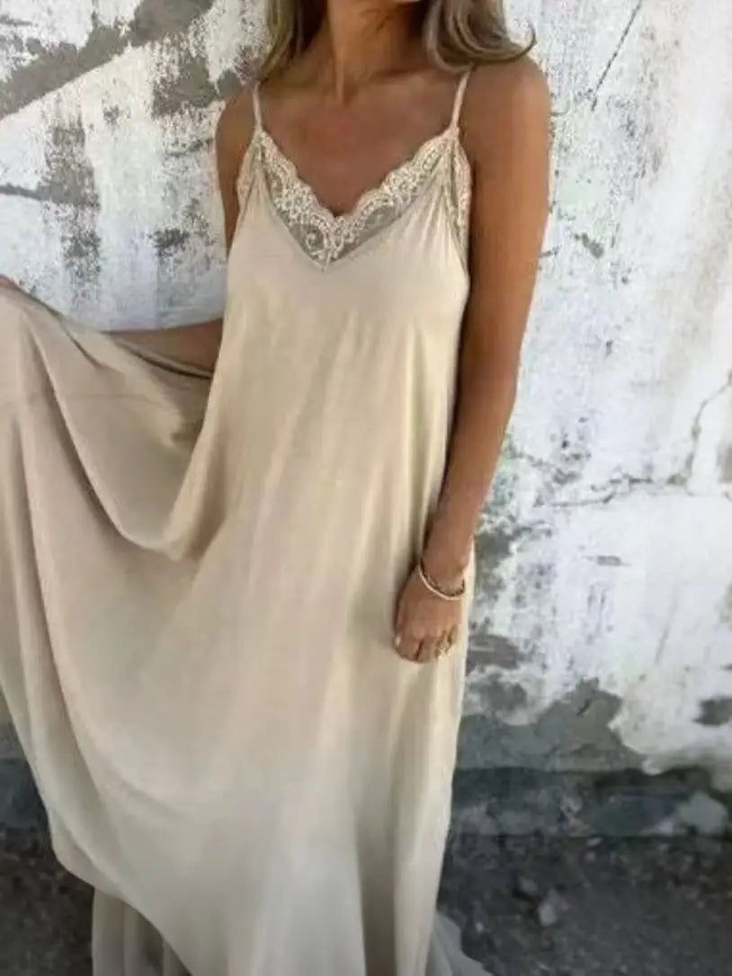 Spring/Summer Sexy Spaghetti Strap Long Lace Nightgown Solid Color 2025 Trendy Women's Sleepwear Dress