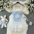 Women's Sexy Sweet Blue Plaid Maid Lace Trim Mini Dress with Headband for Role Play Lingerie Nightwear Party