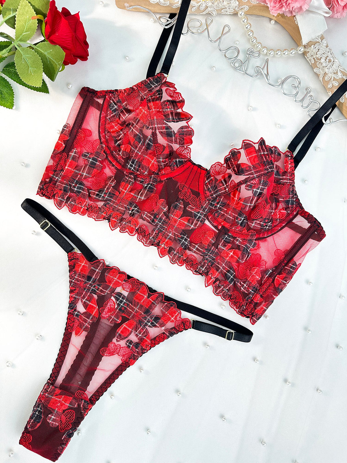 Red Flower Lingerie Set