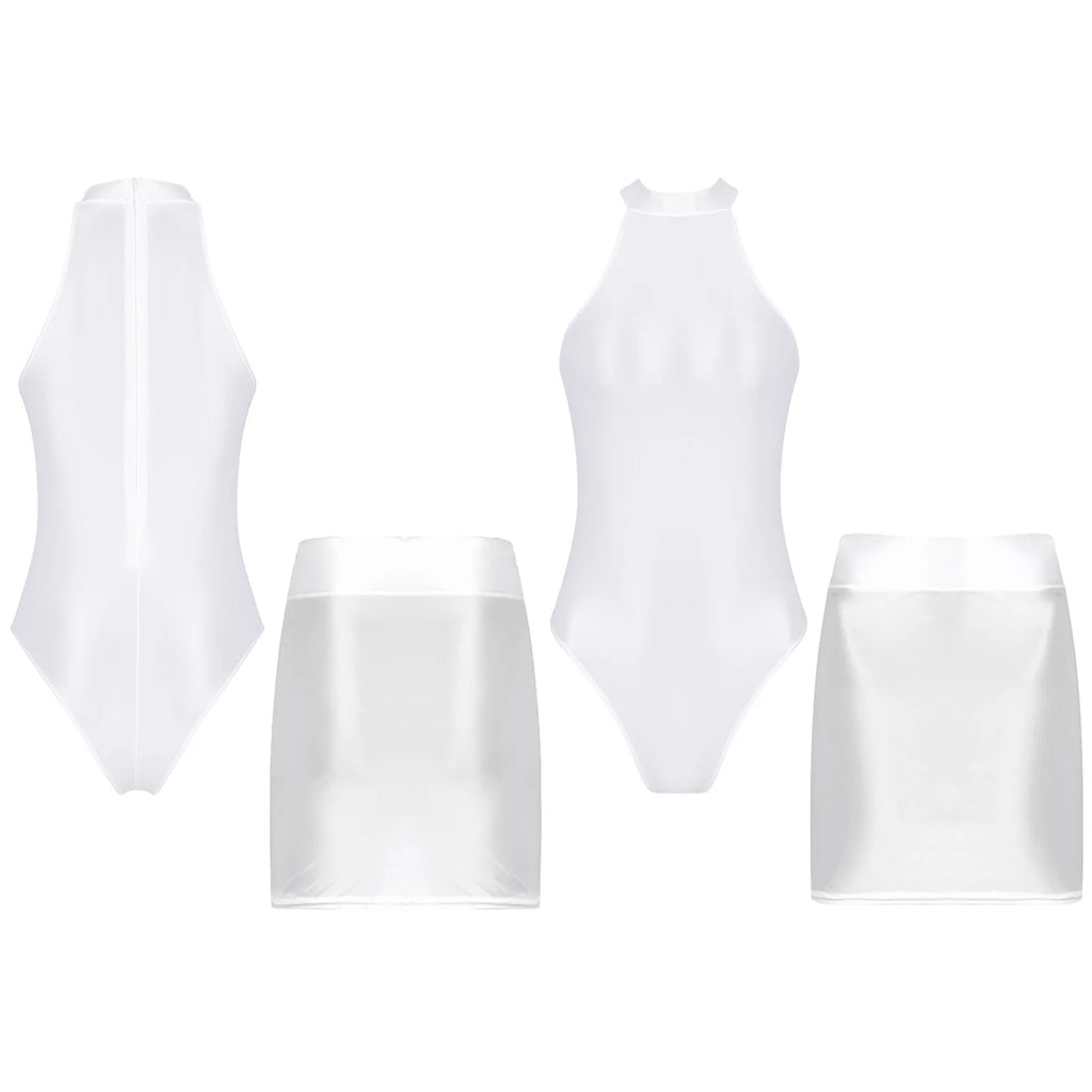Women Glossy Outfits Swimwear Sleeveless Back Zipper Bodysuit Leotard with Elastic SkirtS for Club Dance Raves Party Nightwear