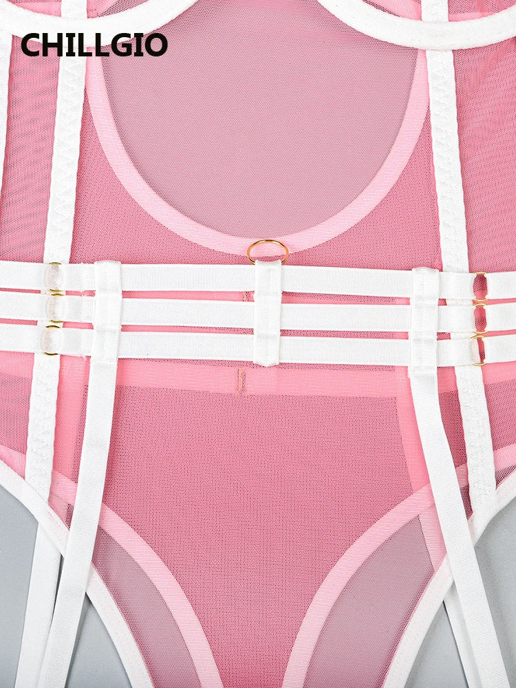 CHILLGIO Women Sexy Transparent Mesh Rompers Erotic One Piece Catsuits Ins Sleepwear Fashion Combination Tight Strappy Bodysuits