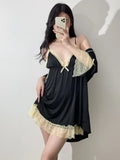Erotic Sleepwear Three Piece Sleepwear V-neck Camisole Hollow Lace Dress Elegant Lace Hot Sexy Women Mini Dress Autumn Top 10AW