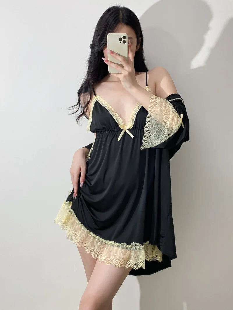 Erotic Sleepwear Three Piece Sleepwear V-neck Camisole Hollow Lace Dress Elegant Lace Hot Sexy Women Mini Dress Autumn Top 10AW