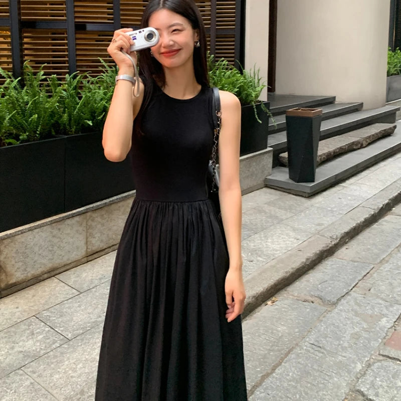 New Vintage Holiday Style Black Midi Dress Dresses for Women Clothing O Neck Office Lady Casual Pockets Women's Clothing