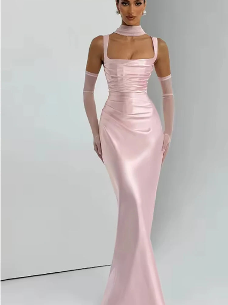 Elegant Scarf Collar Sling Women Summer Dress Solid Sleeveless Off-shoulder Slim Maxi Dresses 2026 Lady Chic Evening Party Gown