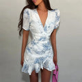Women Sexy Flora Painted Ruffle Slim Dress Chic Deep V-neck Double Layered Ruffled Hem Dresses Lady New Daily Party Gowns
