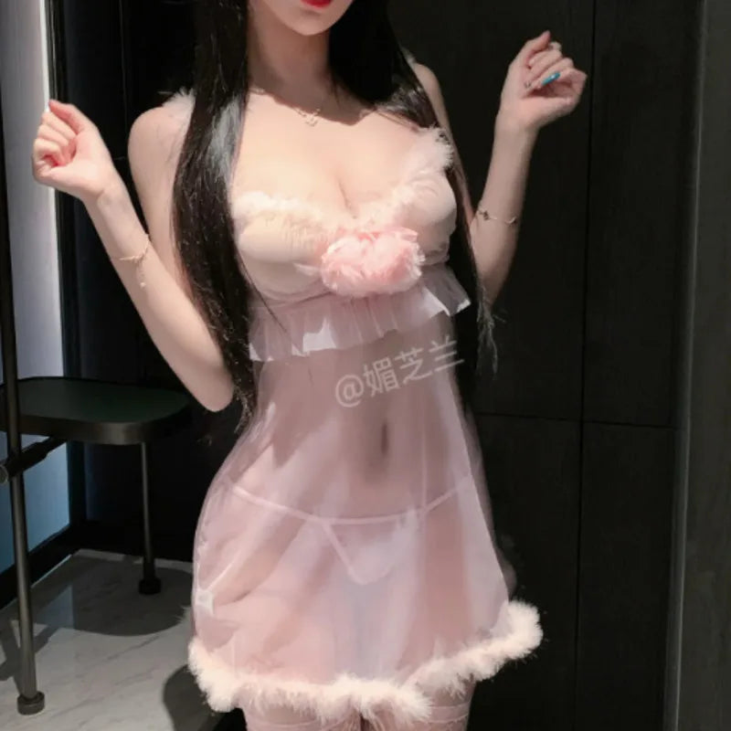 Sexy Transparent Dress Elegant Plush Sleepwear Push-Up Underwire Cute Girl Dress For Women Pure Desire Nightclub Playful XGEP