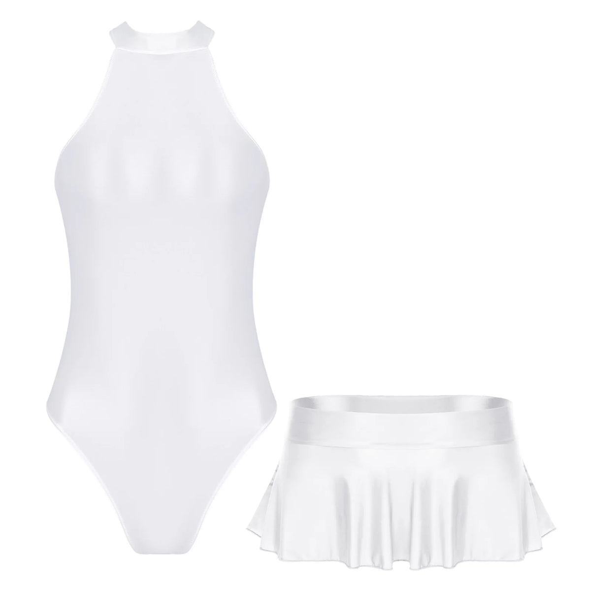 Women Glossy Outfits Swimwear Sleeveless Back Zipper Bodysuit Leotard with Elastic SkirtS for Club Dance Raves Party Nightwear