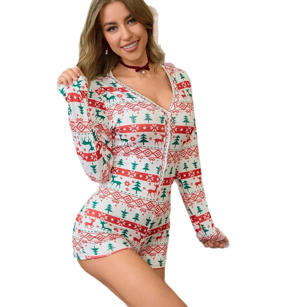 Women Christmas Pajamas Long Sleeve V Neck Zip Up Romper Reindeer Snowflake Print Sleepwear Ladies Holiday Loungewear Jumpsuit