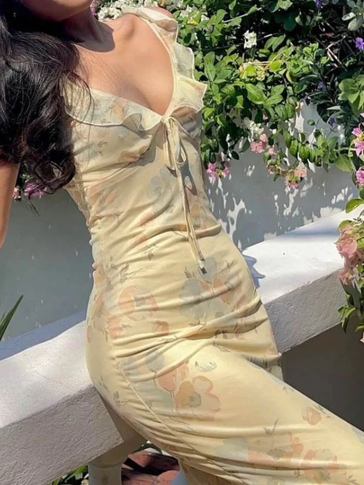 Summer Flower Printed Women's Sexy Low-cut Dress Sleeveless Backless Slim Sling Dresses 2026 Beach Vacation Lady Vestidos