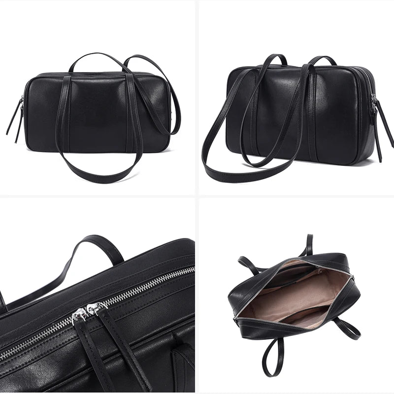 Women's Cow Genuine Leather Shoulder Bags Ladies Fashion Designer Luxury Handbags Female Retro Commute Boston Cowhide Handbag