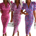 Dresses For Women Summer Slim Floral Print Short Sleeve Midi Dress Robe Female Elegant V Neck Fashion Ladies Clothes Vestidos