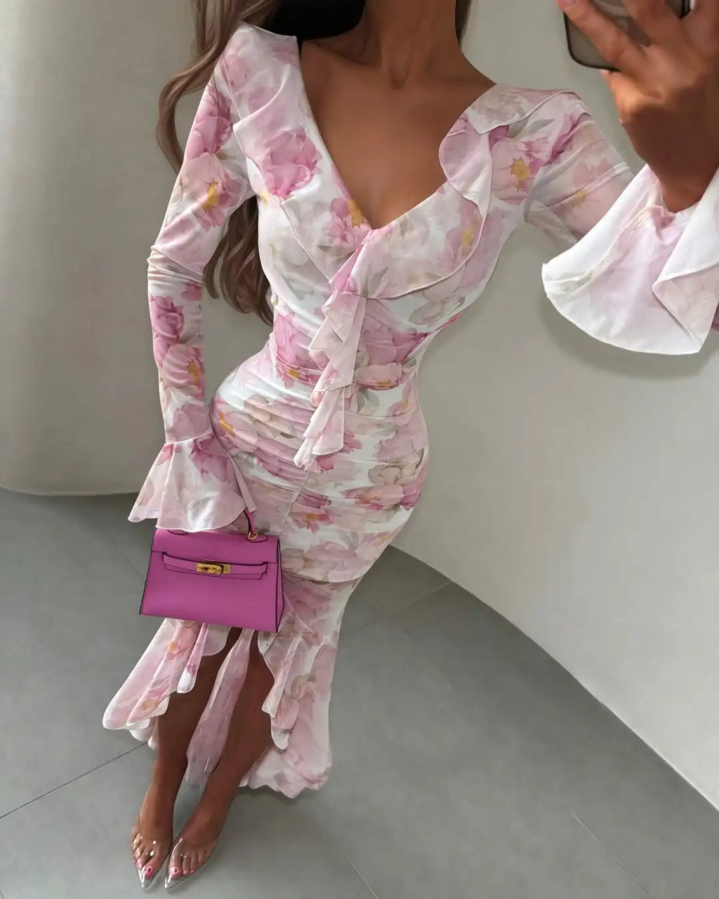 Fashion Organza Floral Printed Maxi Dress V-Neck Puff Sleeve 2026 Spring/Summer Romantic Women Party Gown Elegant Lady Vestido