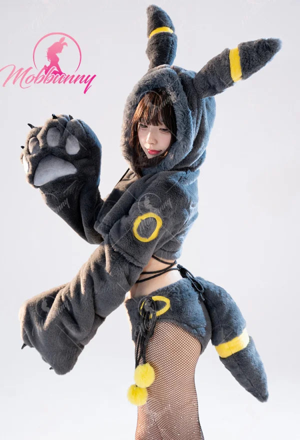 Mobbunny PM Derivative Furry Paw Women's Sexy Lingerie Kawaii Plush Homewear Paw Gloves Hoodie Top and Bra Panty with Stockings