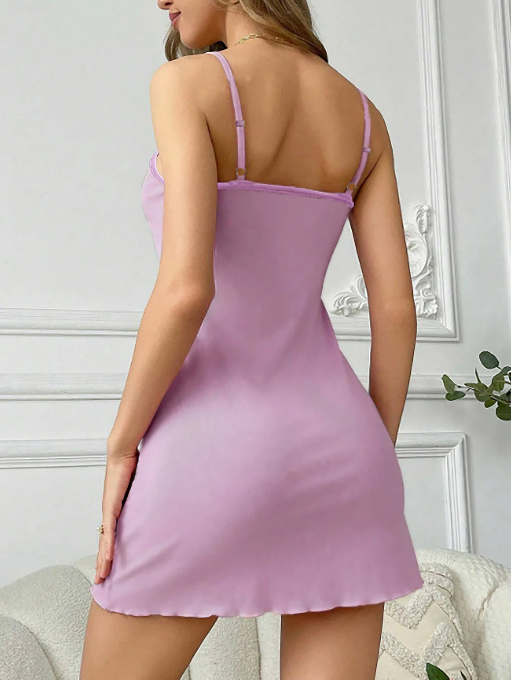 Women SpaghettiStrap VNeck LilacLaceTrim RibbedMini Dress FeminineCute Lounge Spring Summer Cozy Nightwear Relax Breathble Dress