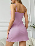 Women SpaghettiStrap VNeck LilacLaceTrim RibbedMini Dress FeminineCute Lounge Spring Summer Cozy Nightwear Relax Breathble Dress