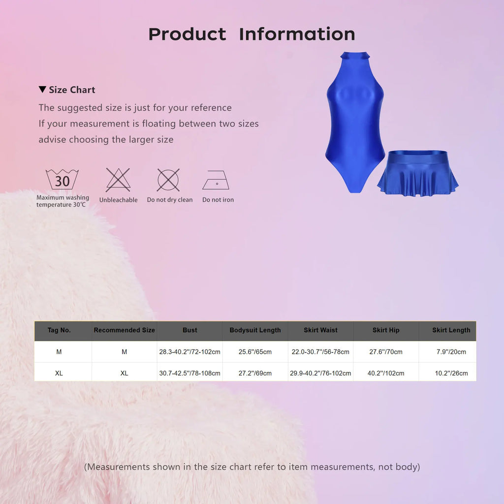 Women Glossy Outfits Swimwear Sleeveless Back Zipper Bodysuit Leotard with Elastic SkirtS for Club Dance Raves Party Nightwear