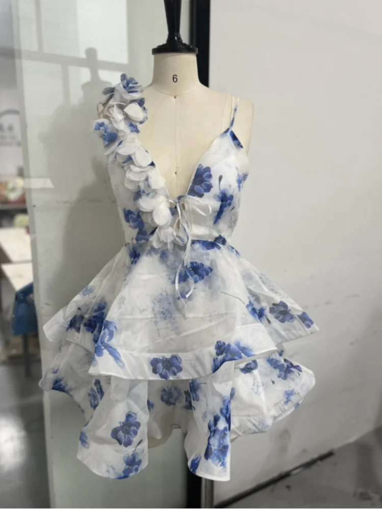Chic Floral Printed Mini Dress Backless Sleeveless Hem Stacking Dresses Sweet A Line Vestidos 2025 New Lady Party Club Clothing