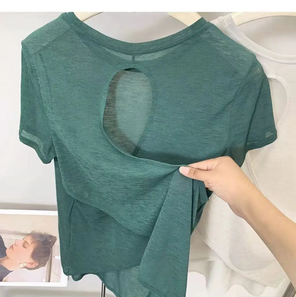 Yoga Clothes Women's Blouse Short-sleeved Hollow Cross Thin Mesh Beautiful Back Outside Shirts Slim Fitness Sports Top Clothing